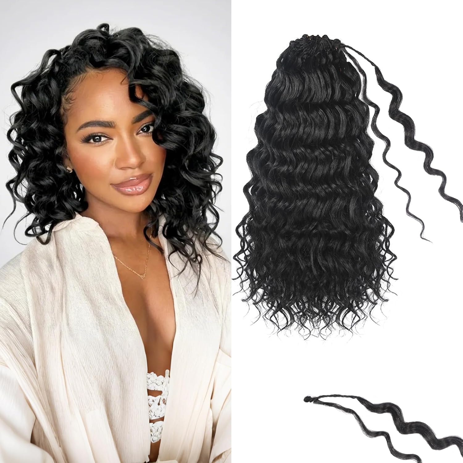 14 Inch Pre Looped Ocean Wave Crochet Braids Pure Protein Close to Human Hair 8 Packs Boho Ocean Braids Pre Twisted Deep Wavy Crochet Hair for Black Women(14Inch 1B)