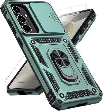 for Samsung Galaxy S24 FE Case with Slide Camera Cover HD Screen Protector [Military Grade 16ft. Drop Tested] Magnetic Ring Holder Kickstand Protective Phone Case for Galaxy S24 FE 5G 2024, Dark Green