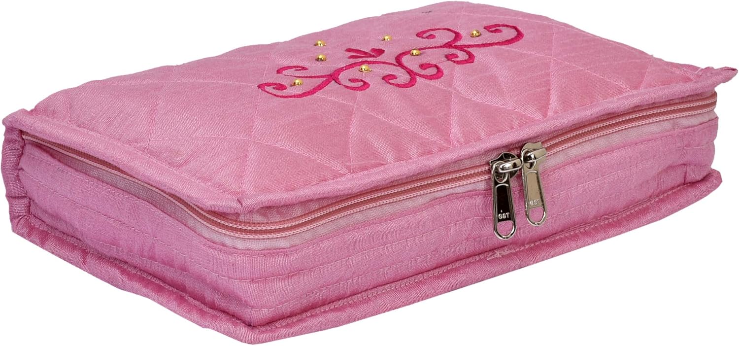 Kuber Industries Embroidery Design 2 Pieces Satin Jewellery Pouch Cum Makeup Kit (Maroon & Pink)