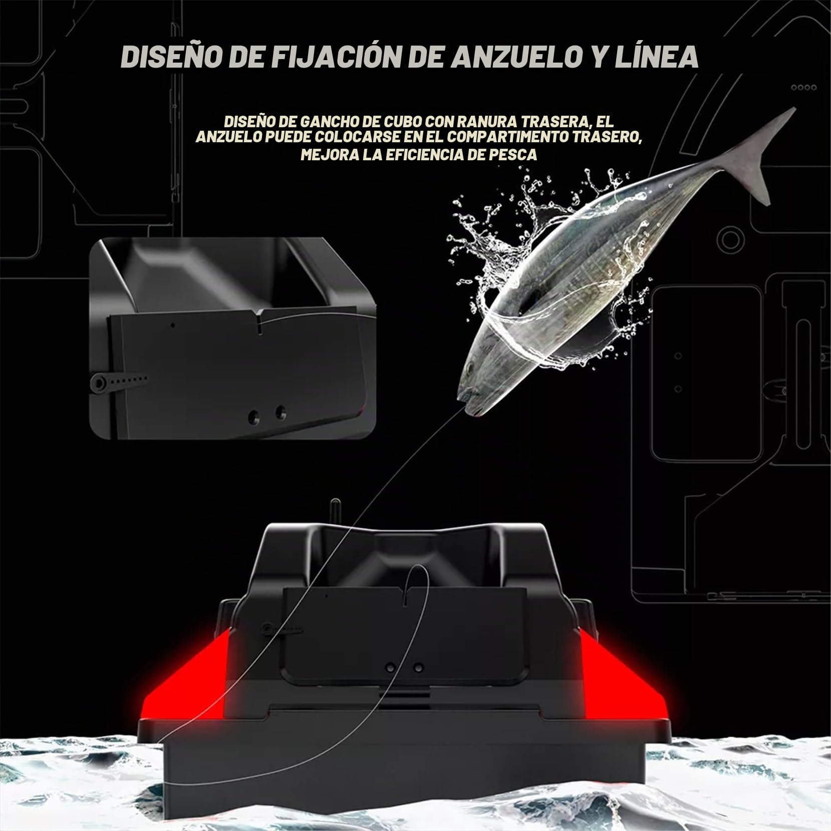 Barco de pesca con GPS, 500 m, RC, señuelo de pesca, mando a distancia, doble motor, barco LED con GPS y mando a distancia LCD (negro)