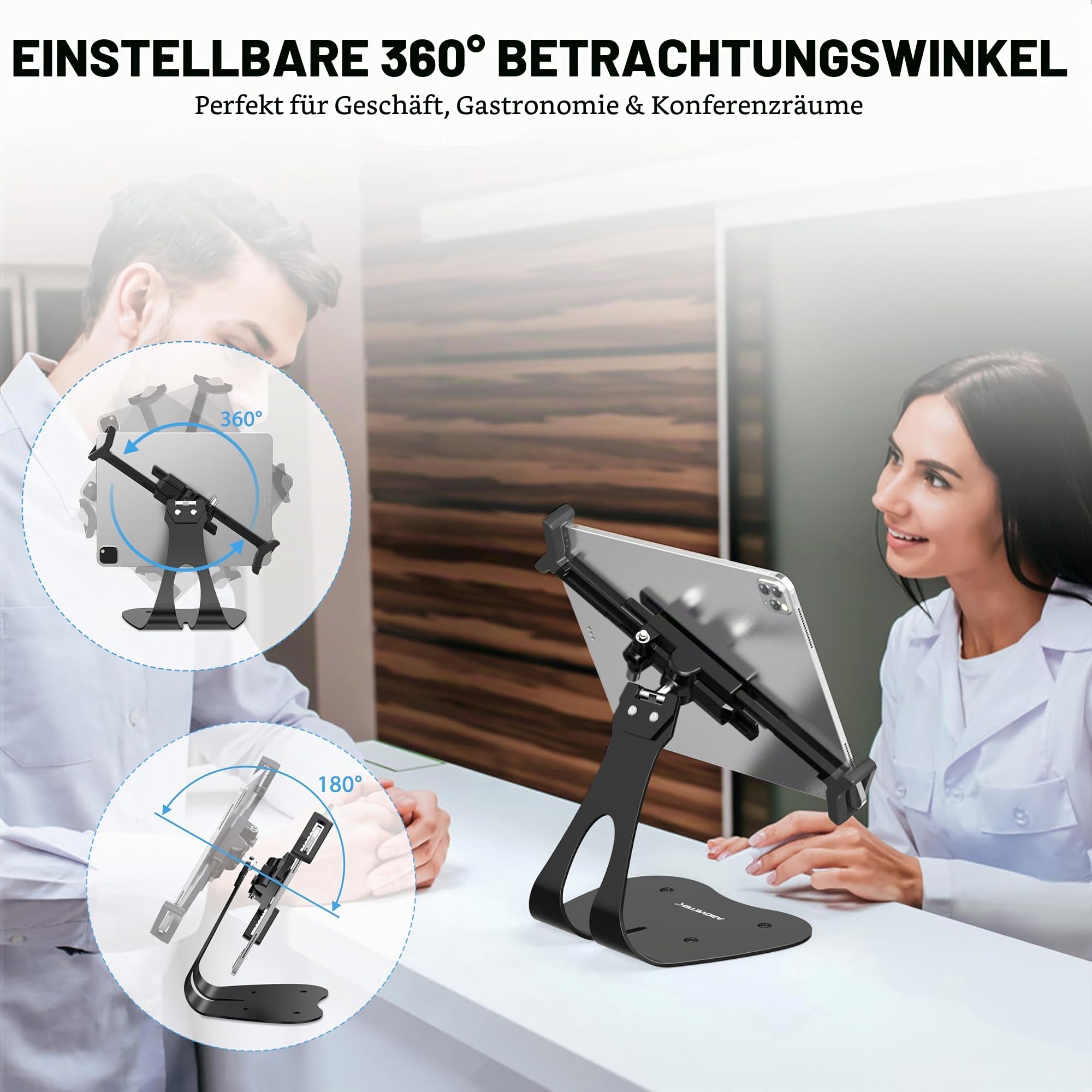 AboveTEK Diebstahlsicherer iPad-Ständer, Universeller POS-Tablet-Ständer, Diagonal iPad-Halterung für 7-13 Zoll, Galaxy mit Sicherheitskabel, 360° Drehung für Geschäft & Einzelhandel