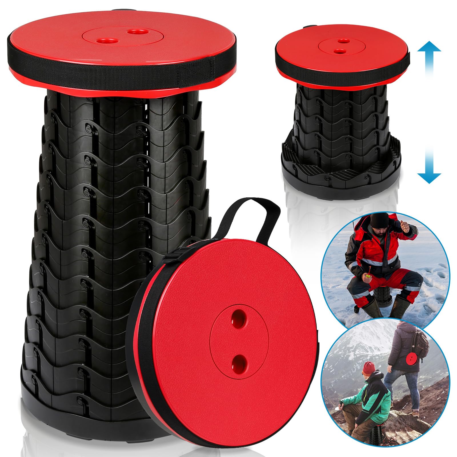 Sgabello telescopico pieghevole portatile da campeggio, regolabile in altezza e stabile, portata fino a 150 kg, compatto per esterni, giardino e viaggi, rosso