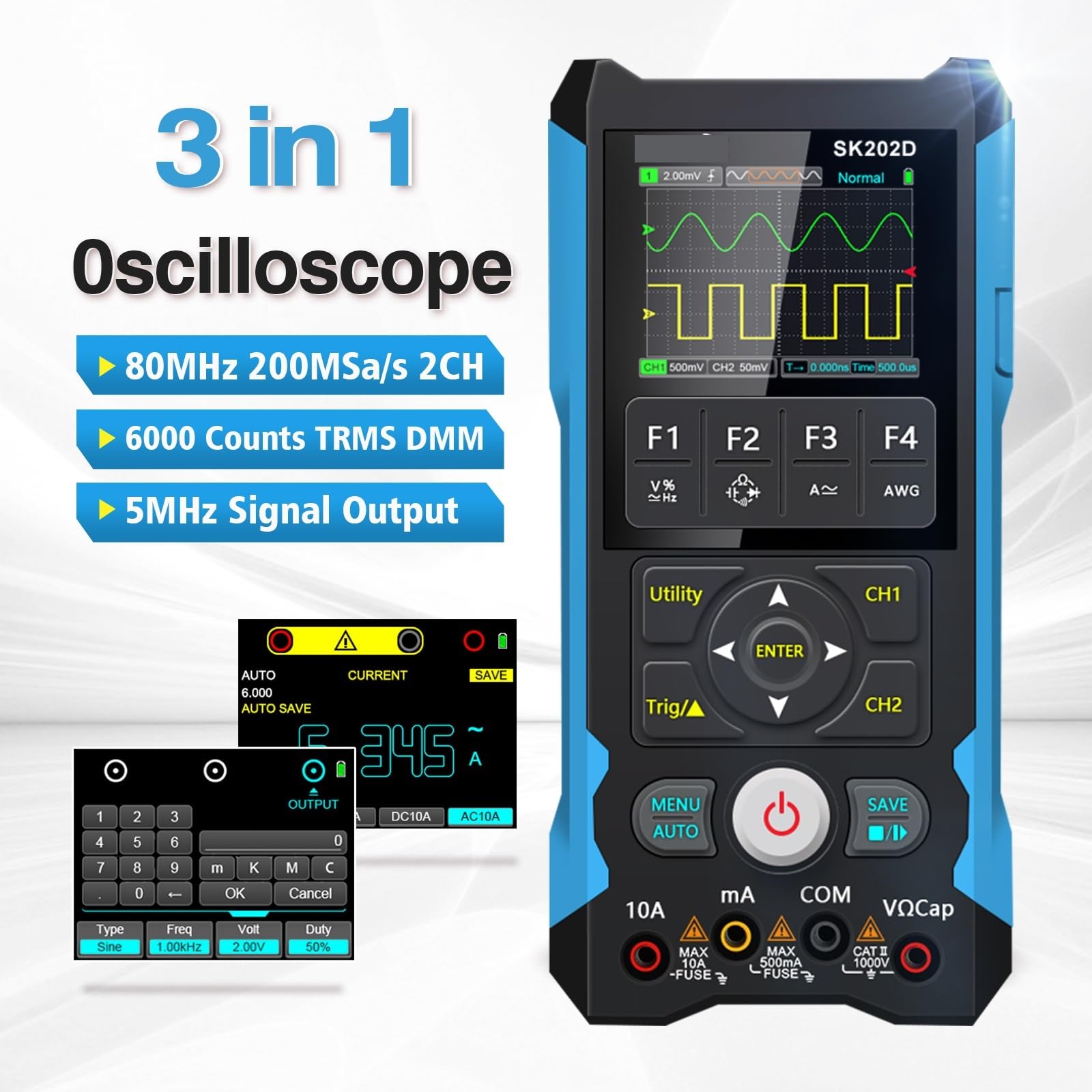 Osciloscopio digital, Osciloscopio portátil de 2 canales SK202D, multímetro y alcance 3 en 1 80 MHz 250 MSa/s