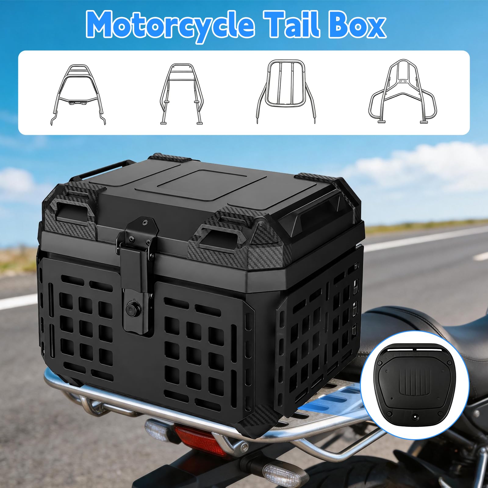 Uniwersalna walizka motocyklowa, 45 l, wyprodukowana z polipropylenu, z zamkiem i poduszką na plecach, czarna