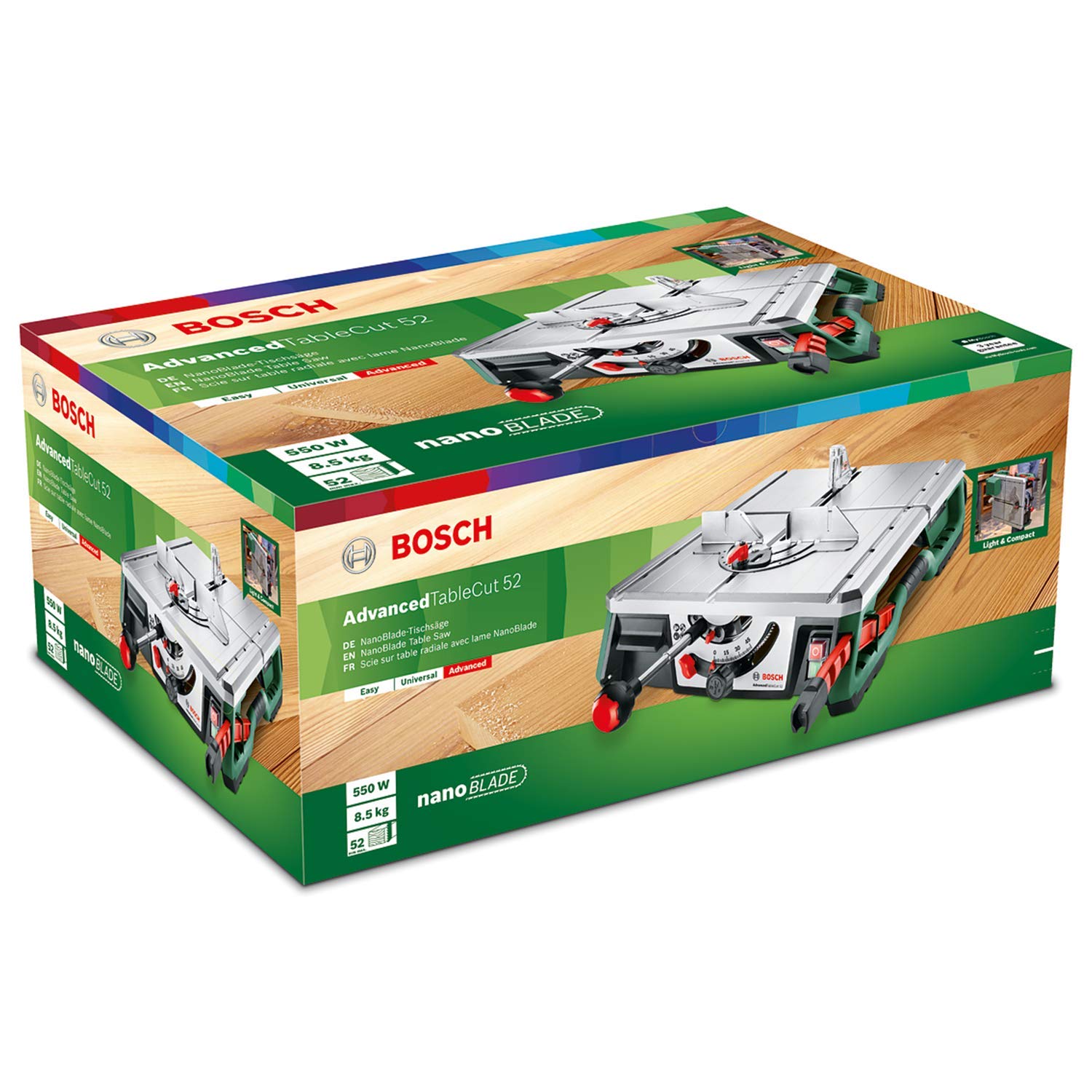 Bosch Banco sega radiale AdvancedTableCut 52 (550 Watt, NanoBlade Wood Basic 65, 8,5 kg, in confezione di cartone)