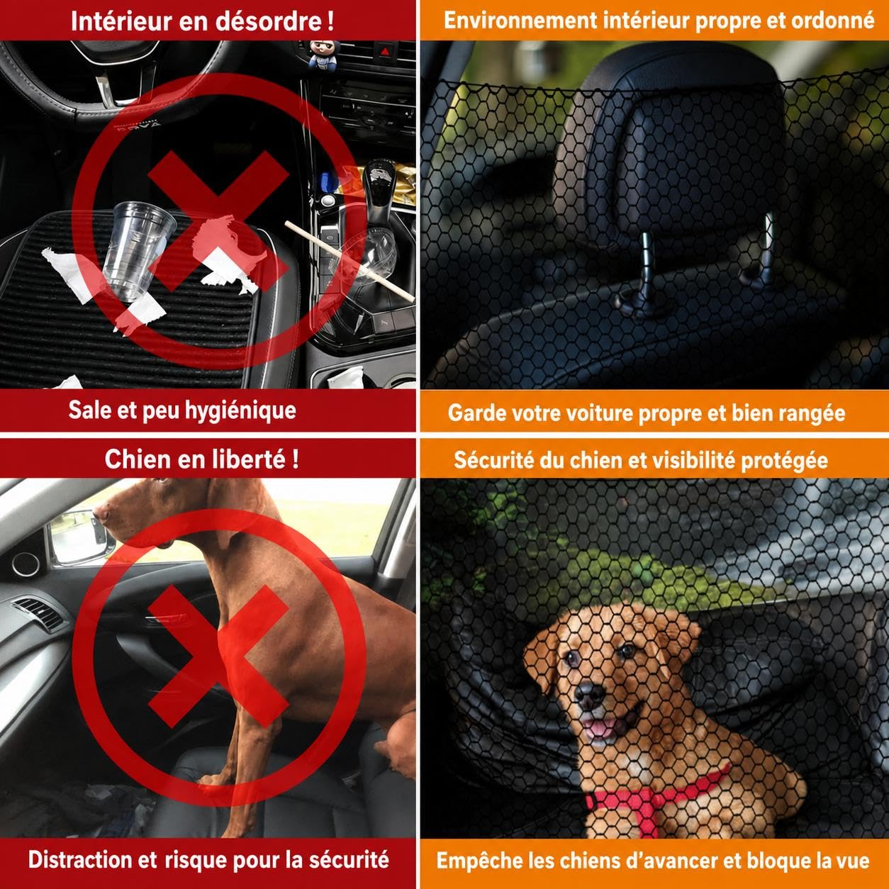 Zstar Filet de sécurité pour Chien Voiture – Barrière Universelle Coffre et siège Avant – Séparateur avec Poche de Rangement 130x90cm – Installation Facile – Noir