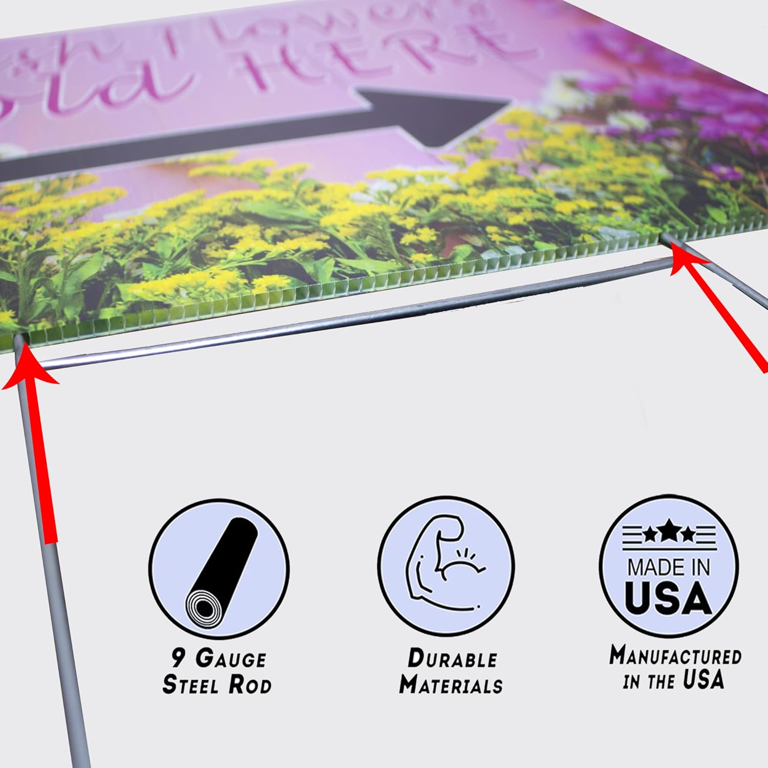 Large 24"x18" Fresh Flowers Sold Here - Directional Arrow Yard Signs with Metal Stand for Floral, Flower Shops, Gardens, Street Vendors - Double Sided Print, Waterproof, Made in America