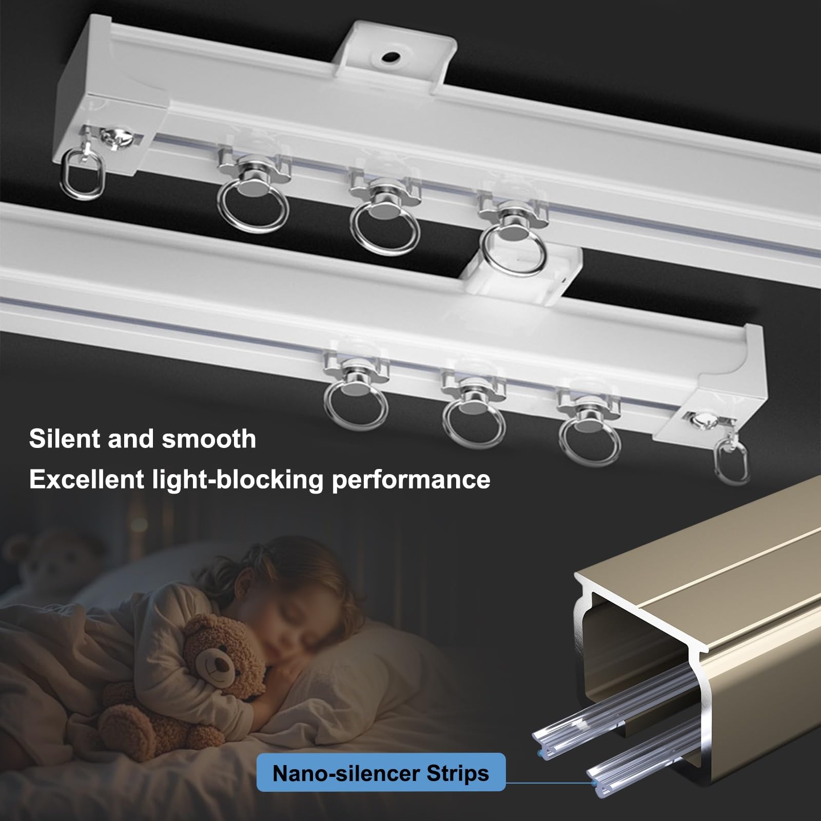 Système de rail de rideau robuste en alliage d'aluminium, rail simple silencieux pour rideaux et séparateurs de pièce, roulement à billes équipé pour salon et chambre à coucher