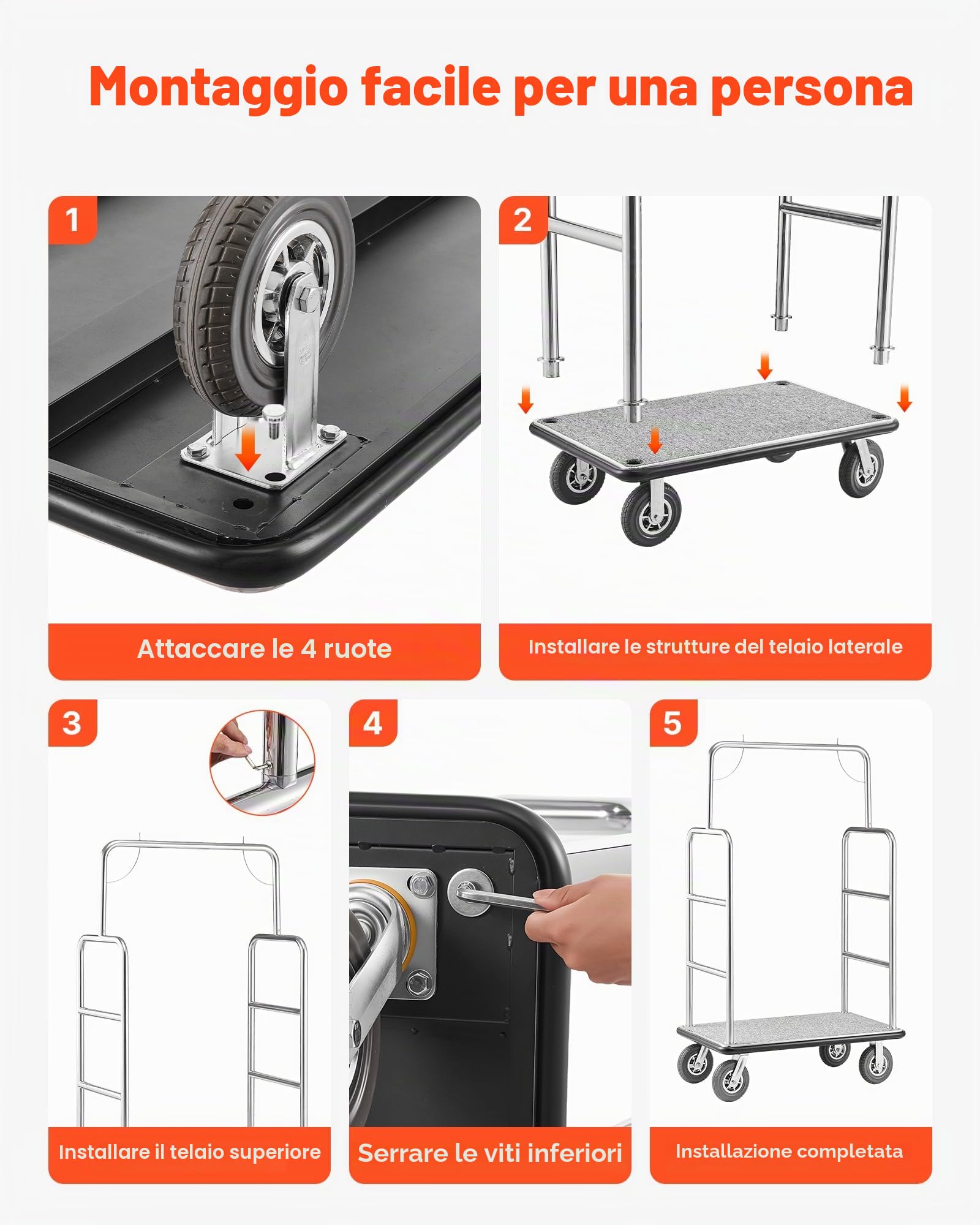 VEVOR Carrello Portavaligie per Hotel, Capacità di Carico di 544 kg Carrello Trasporto Portavaligie con Ponte in Moquette Grigia e Ruote in Gomma da 203,2 mm per Hotel, Condomini, Resort, Argento
