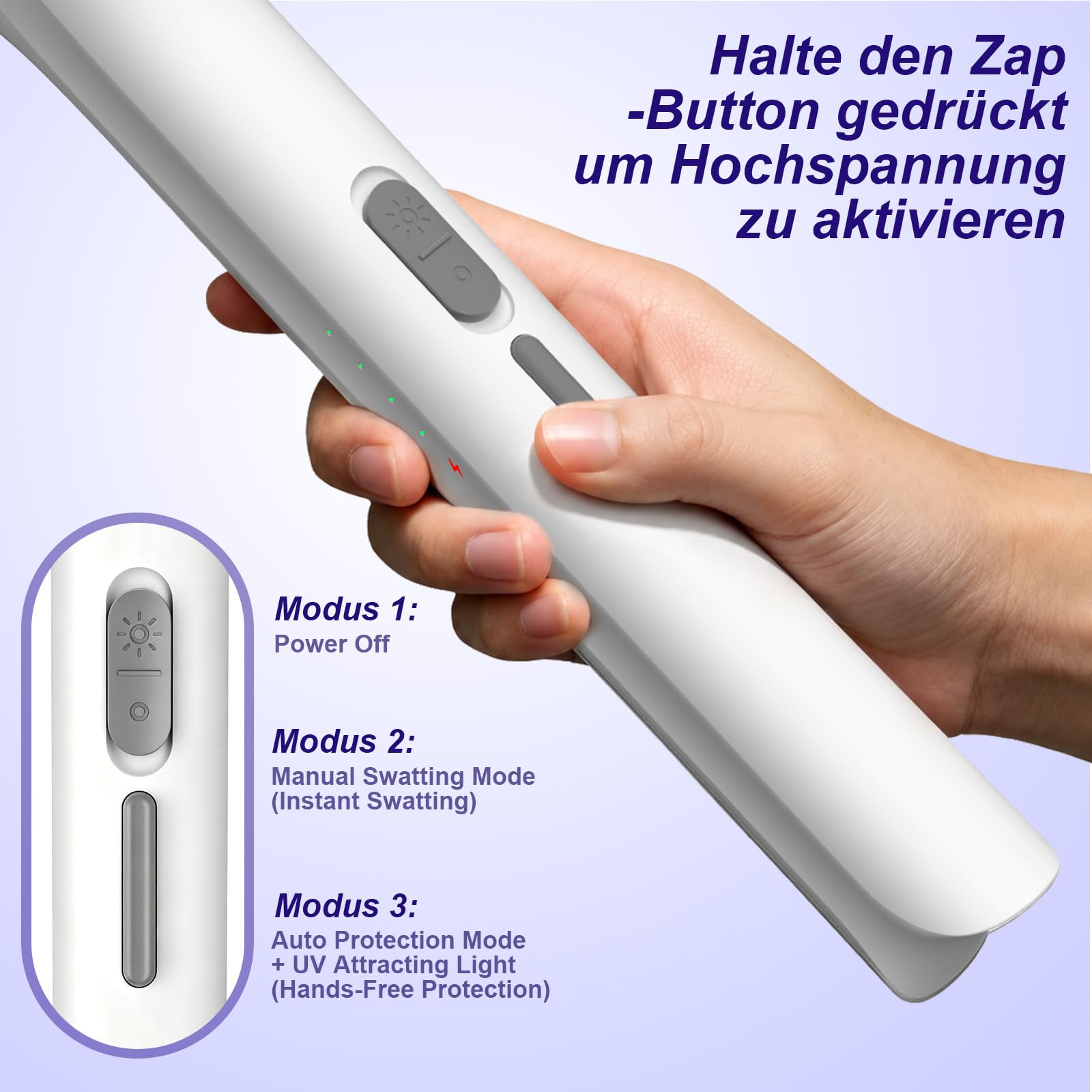 Elektrische Fliegenklatsche 4000V Bug Zapper Schläger Dual Modi Mückenvernichter mit Lila Mückenlicht Wiederaufladbar für Indoor Home Office