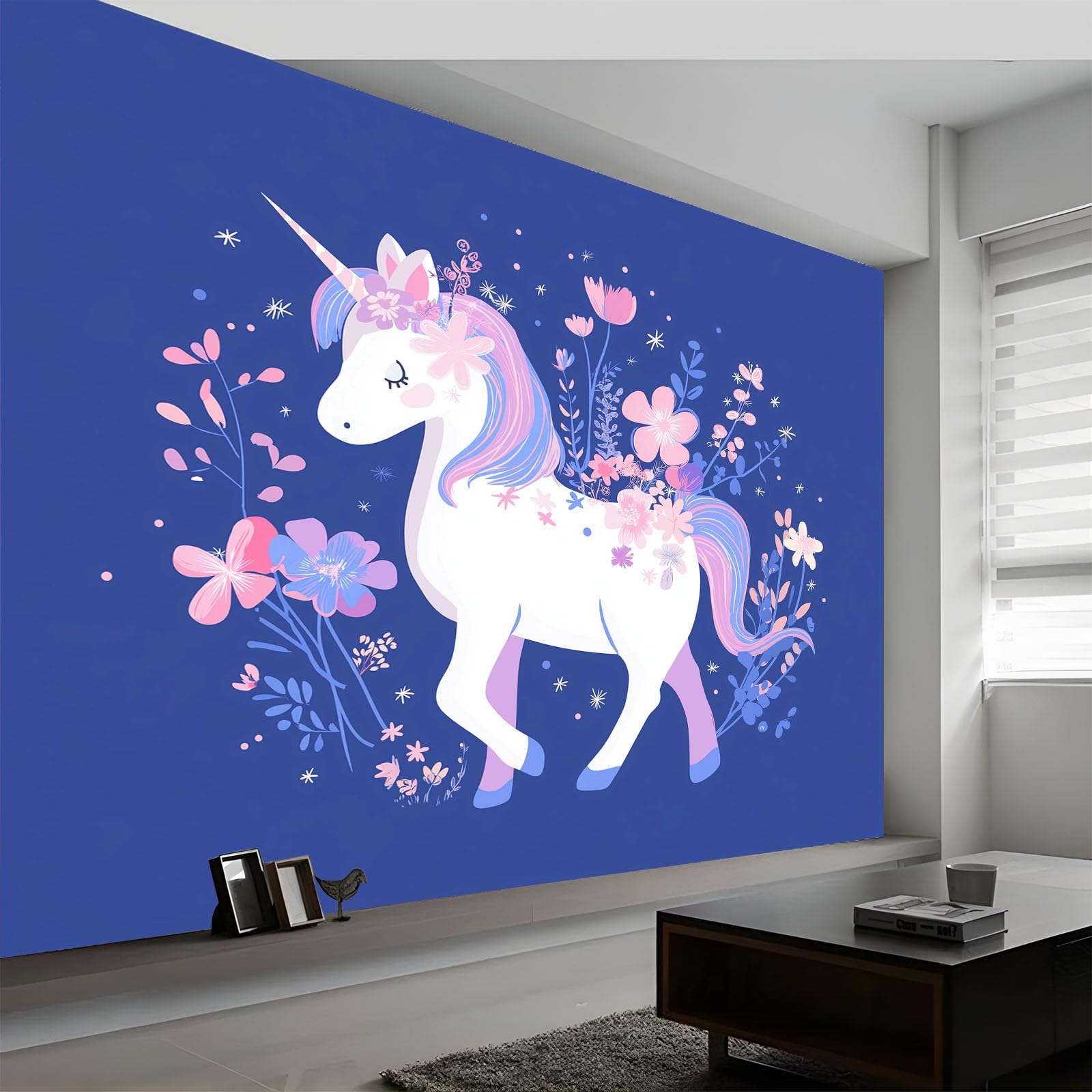 Fantasy zwierzęta, jednorożce, kwiaty, fototapeta dla chłopców i dziewczynek, 200 x 140 cm, fototapety, do pokoju dziecięcego, salonu, sypialni, tapeta na flizelinie, tapeta ścienna, efekt 3D