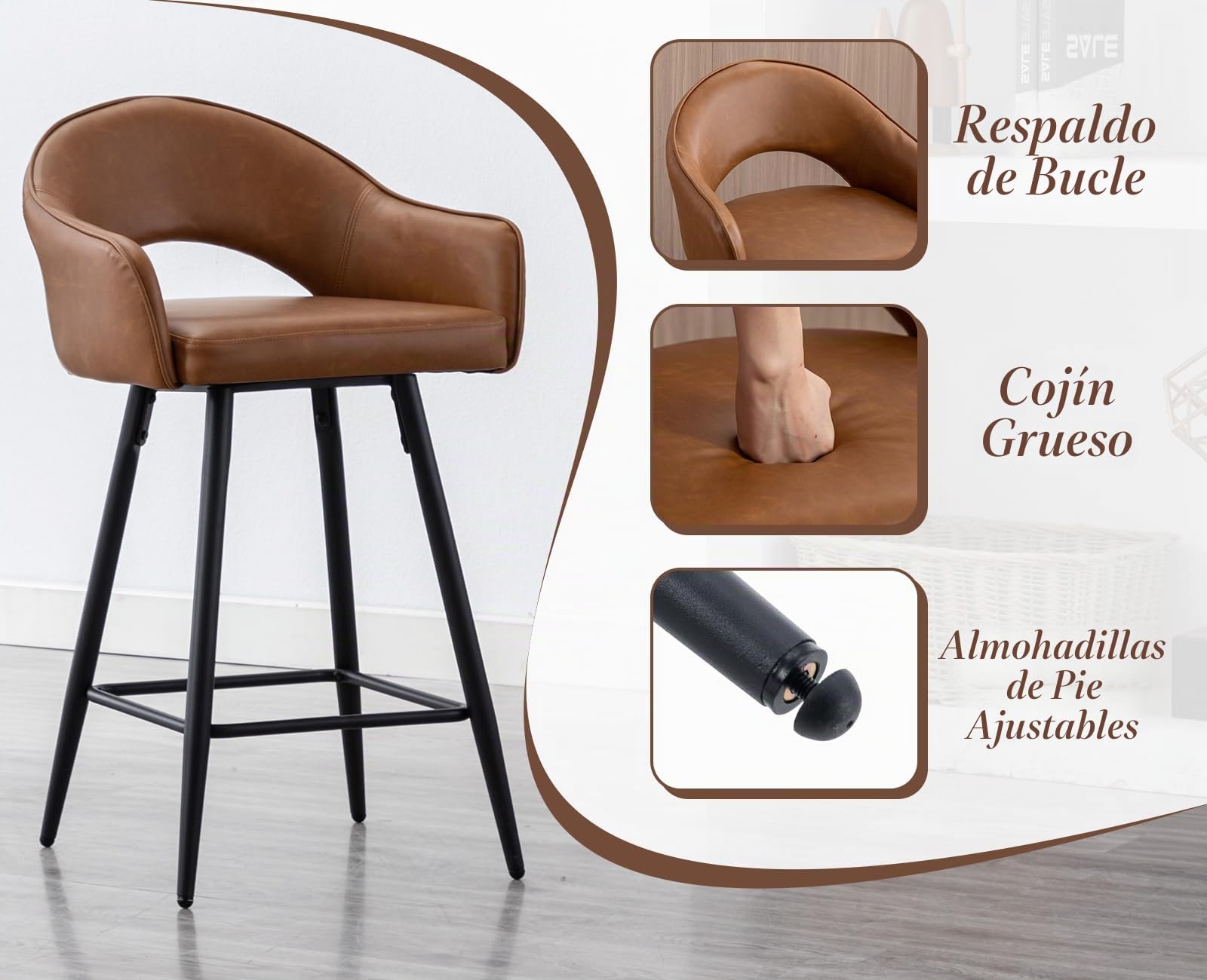 Ya-Home Juego de 2 Taburetes Altos de Cocina Marco Metal Giratorio,Marrón | Silla Alta de PU Cuero, Giratorio, Patas de Metal, Respaldo Curvo, Cojin Comodo, para Isla Cocina/Bar,MAX 113KG