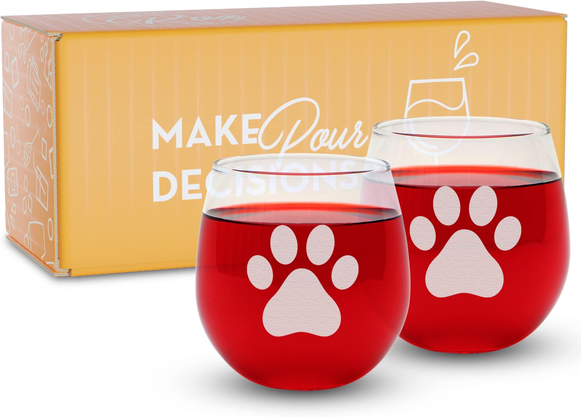 On The Rox Two Engraved Stemless Wine Glasses-16.75 Ounce Capacity-Paw Print Design- 2 Piece Set- Elegant Glass-Ideal Gift for any Dog Owner or Rescue-Birthday-Housewarming-Pet Owner-Made in USA