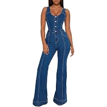 Women's Sleeveless Tank Bell Bottom Denim Jumpsuit U Neck Open Back Button Up Flare Jean Jumpsuits