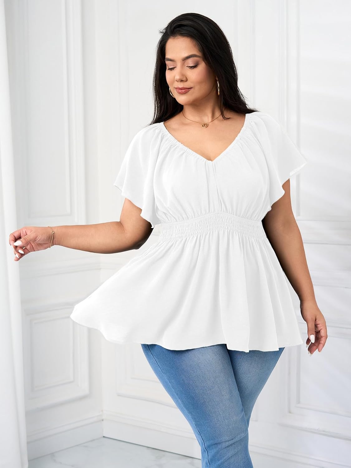 Womens Plus Size Tops V Neck Short Sleeve Blouse Babydoll Ruffle Peplum Smocked Dressy Casual Summer Top - Image 6