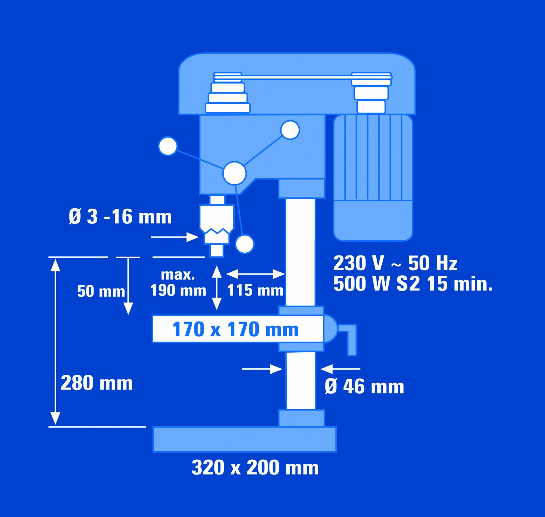 Einhell BT-BD 501 Trapano a colonna (230 V, 500 W, giri min. 9 pos 280-2350, escursione 115 mm, mandrino 1,5-16 mm, piano inclinabile +-45°, altezza totale 650 mm, attacco B16, piano 170 x 170 mm)