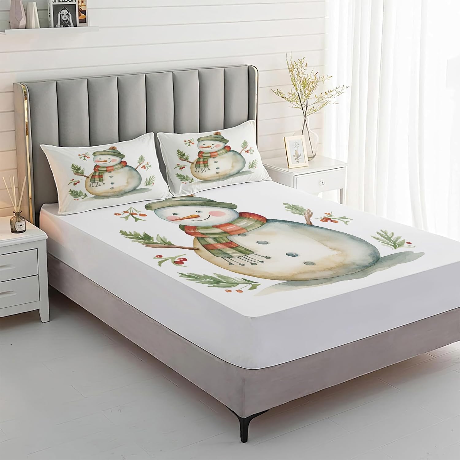 Snowman Sheets Queen Sheet Set, Christmas Bed Sheets, Festive Holiday Bedding Bedroom Decor, Soft Microfiber Deep Pocket Fitted Sheet & Flat Sheet & 2 Pillowcases