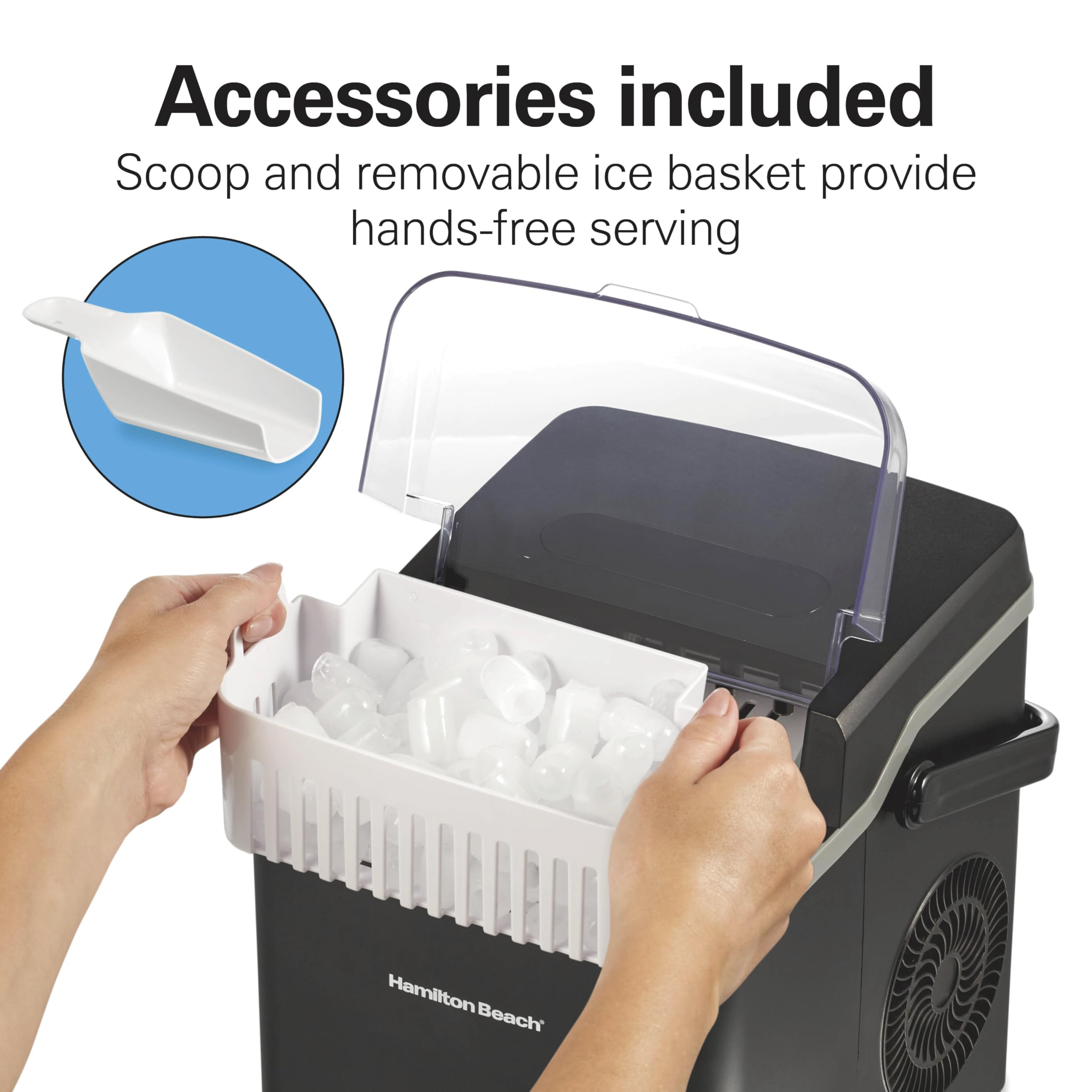 Hamilton Beach Portable Bullet Countertop Ice Maker Machine, Makes 26 Lbs/Day, 9 Cubes Every 6 Minutes, Self-Clean Function, For RV, Office, Kitchen, Dorm, Makes 2 Sizes, Black (86151) on Fridge.com - View 6