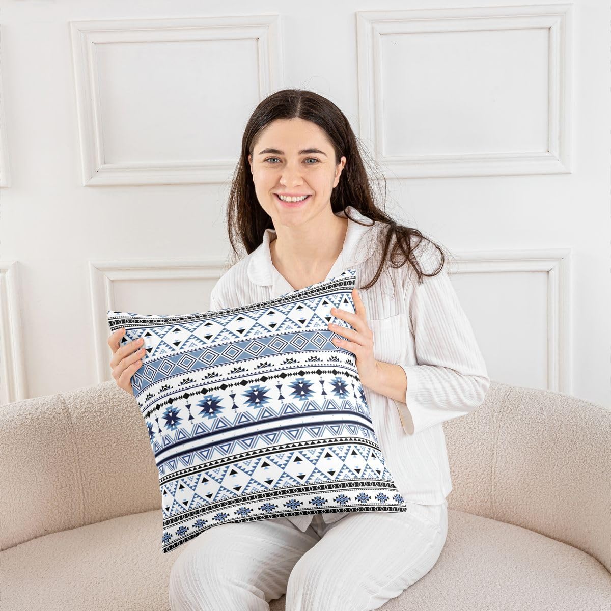 Erosebridal Pack of 4 Bohemian Cushion Covers Set 16x16 Boho Throw Pillow Covers Tribal Arrow Aztec Pillow Covers for Kids Child Exotic Tribe Triangleative Pillow Covers Nordic Mexican Navy Blue
