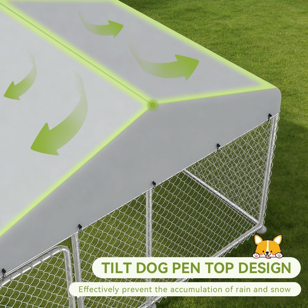 COMHOMA 11.5×14.8FT Outdoor Dog Kennel with Roof,Heavy Duty Metal Dog Enclosure with Weather-Resistant Cover & Secure Lock for Medium Large Dogs