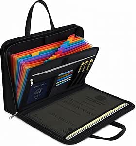 Portable Fireproof Important Document Organizer Binder with Lock for A4 Size, 13-Pocket Expanding File Folder with Zipper &amp; Labels for Personal Document Storage, Business, and Estate Planning