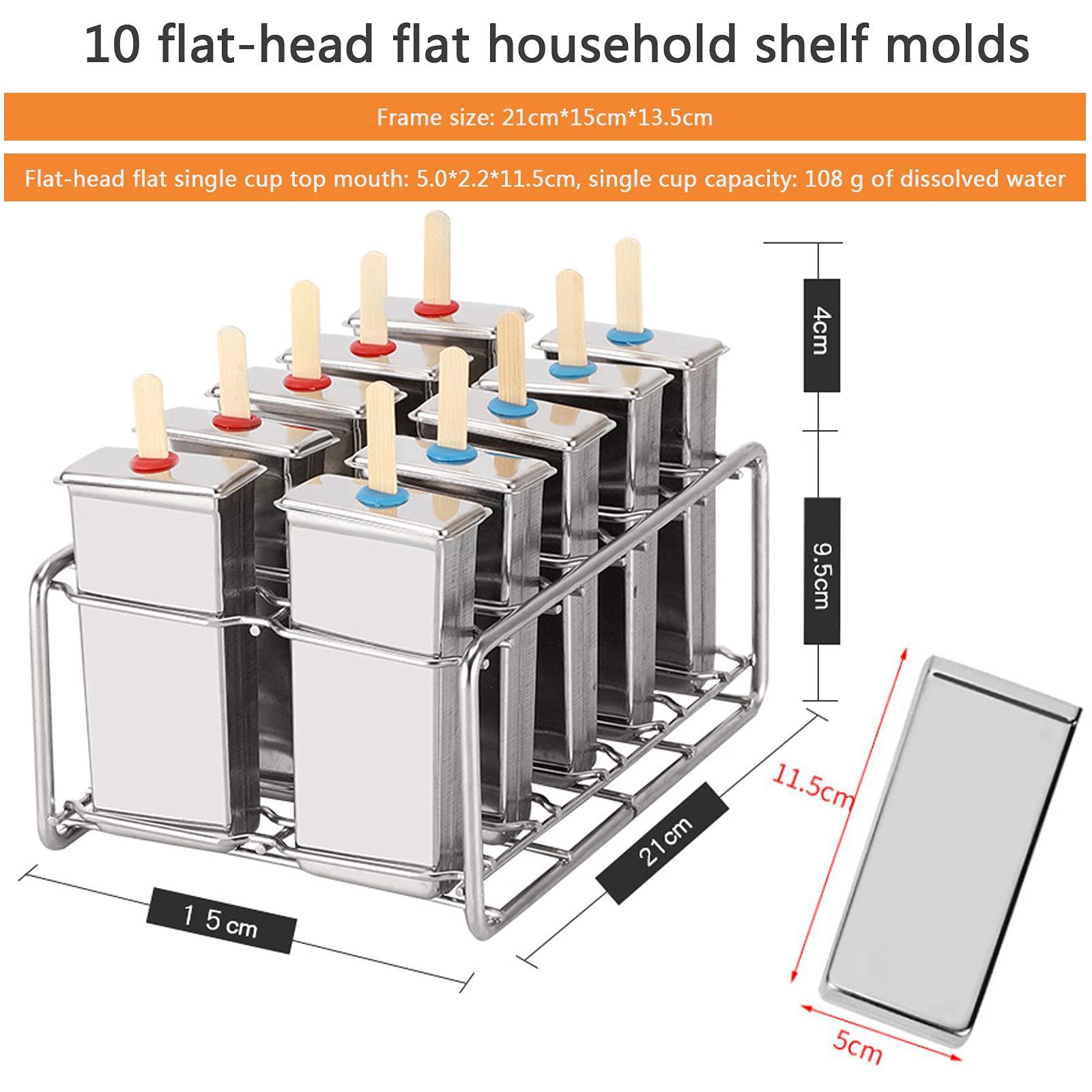 Molde para Paleta de Hielo, Molde para Helado con 10 Unidades Molde de Acero Inoxidable Popsicle Molde Pop Molde Metal Bandeja Reefrigerator Necesario Accesori,B