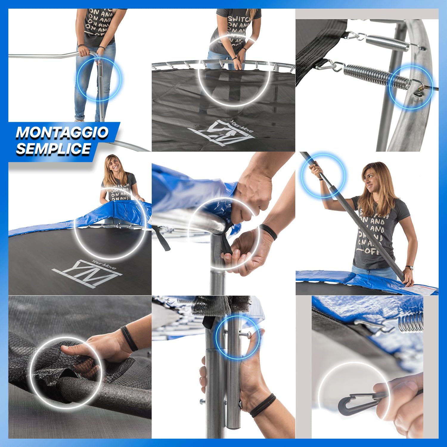 YM Trampolino Elastico per Bambini, Diametro 183/251/305/366, Kit Completo, per Giardino, Tappeto Sicuro con Protezione Bordi in Schiuma e Rete di Sicurezza, Tubi Telaio in Acciaio Zincato, Your Move