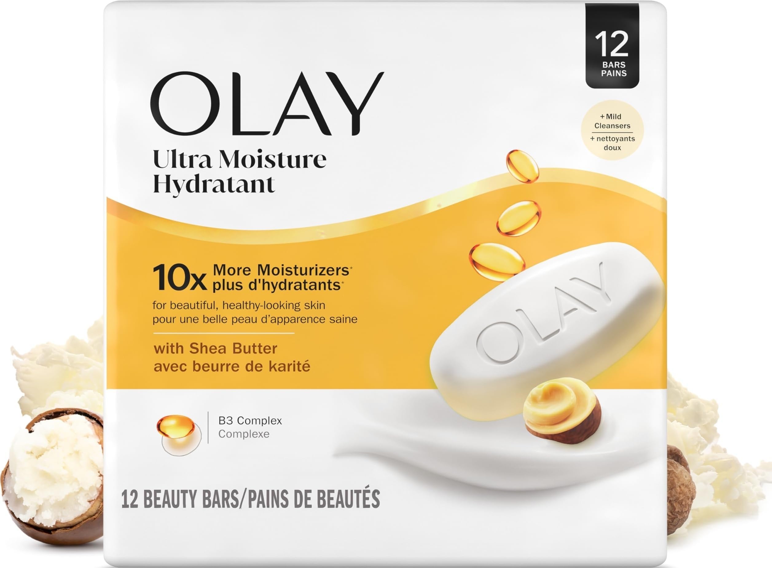 Beauty Bar, Ultra Moisture,10x More Moisturizers, Nourishing Conditioners, Smooth & Gentle on Skin, Vitamin B3 Complex, For All Skin Types, Shea Butter Scent, 3.17 oz, (Pack of 12)