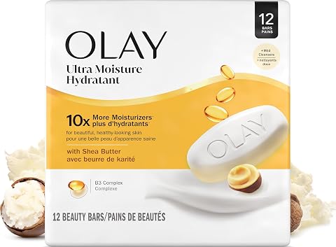 Olay Beauty Bar, Ultra Moisture,10x More Moisturizers, Nourishing Conditioners, Smooth & Gentle on Skin, Vitamin B3 Complex, For All Skin Types, Shea Butter Scent, 3.17 oz, (Pack of 12)