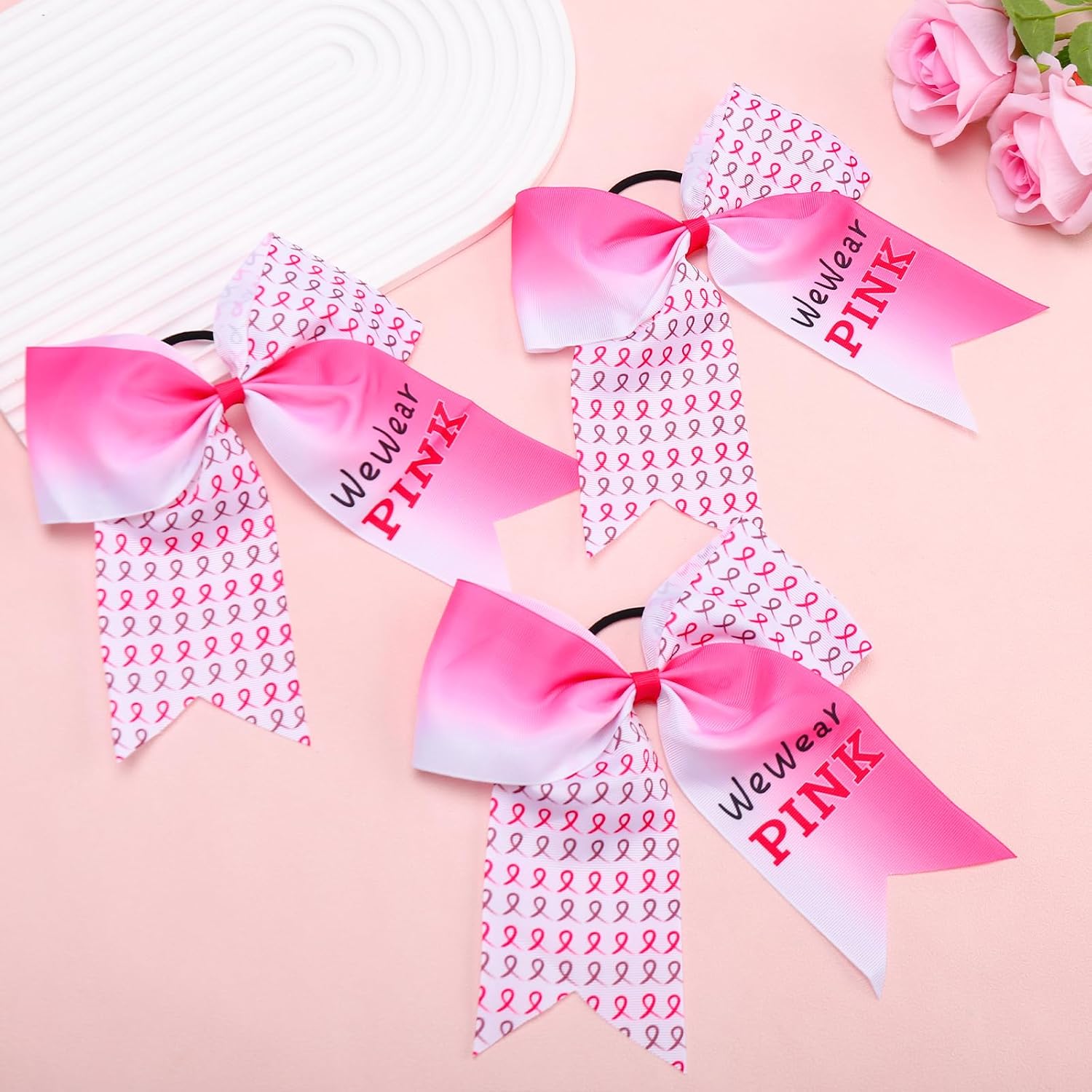 24 PCS 7 Inch Breast Cancer Awareness Cheer Bow Hair Accessory Large Pink Bow Ribbon Cheer Bows Breast Cancer for Teen Women Public Charity (We Wear Pink)