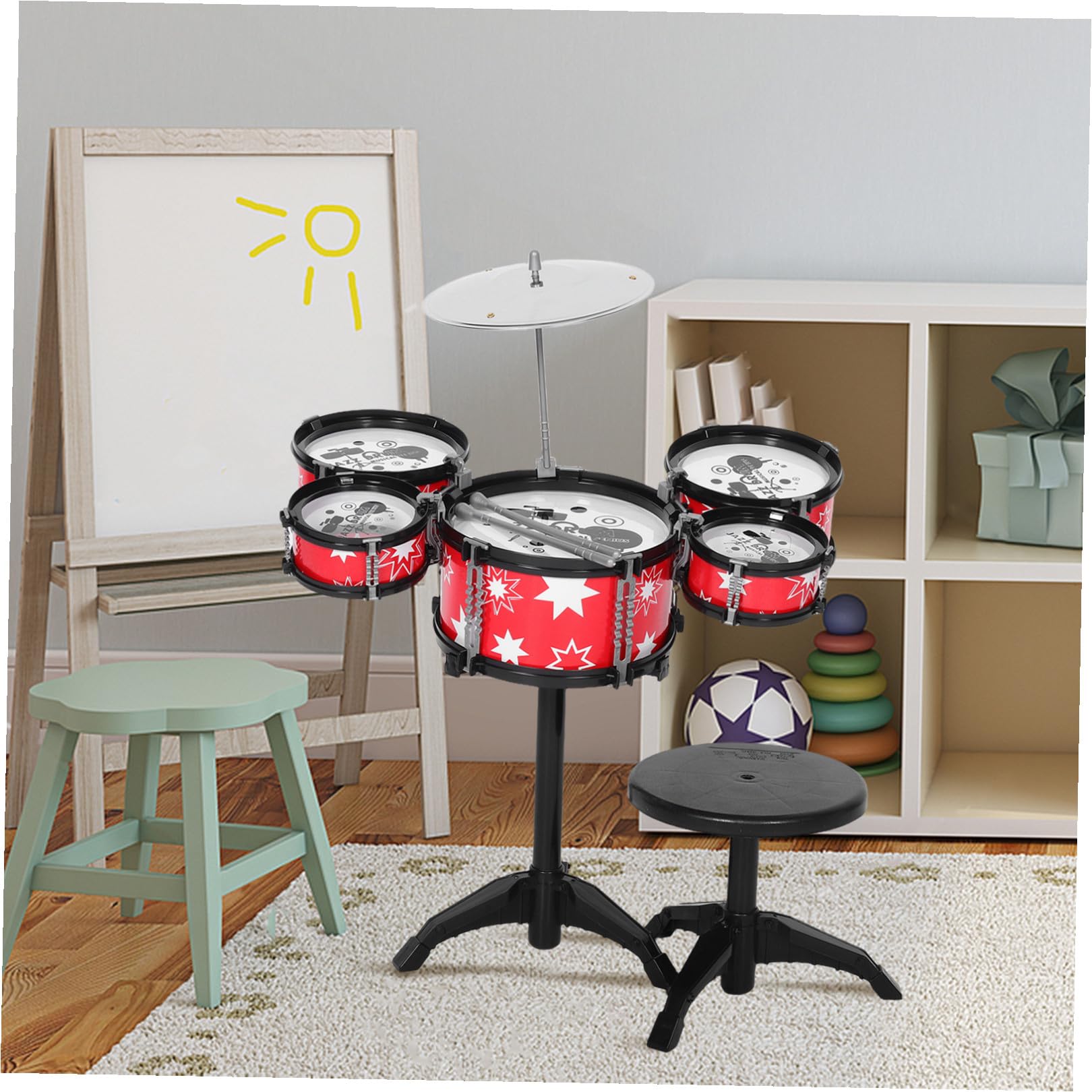 Set Batteria Giocattolo per Bambini Piccoli, Plastico, Jazz | Rosso, Design Realistico Robusto, Interazione Genitore-bambino, Kit Musicale Multifunzione