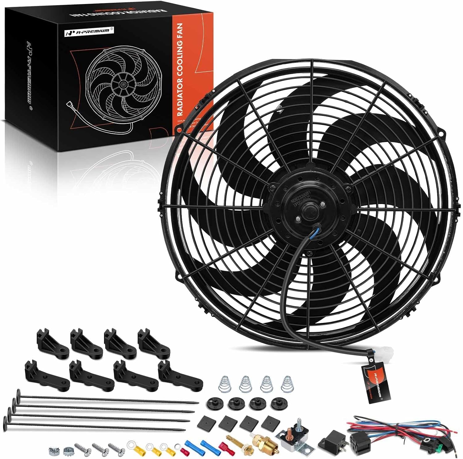 A-Premium 16'' 16 inch Electric Radiator Fan 2300 m³/h, 12V 120W with Thermostat Wiring Switch Relay Kit