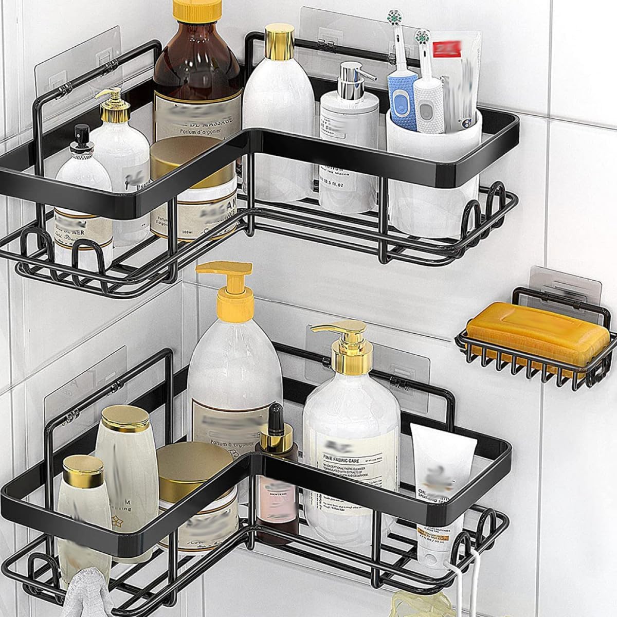 Corner Shower Organizer Set 3pcs Black Adhesive Corner Shower Shelves with Soap Holder Wall-mounted No Drilling Bathroom Storage