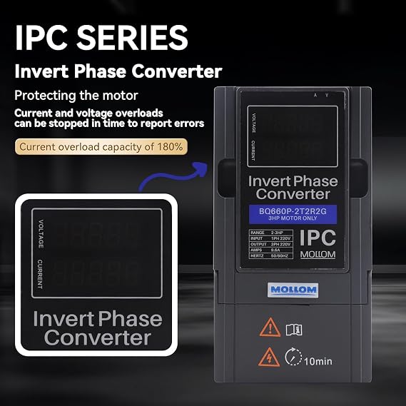 Mollom 11KW 220V Single to 3 Phase Invert Phase Converter-15HP 45A Input/Output IPC for 3PH Motor