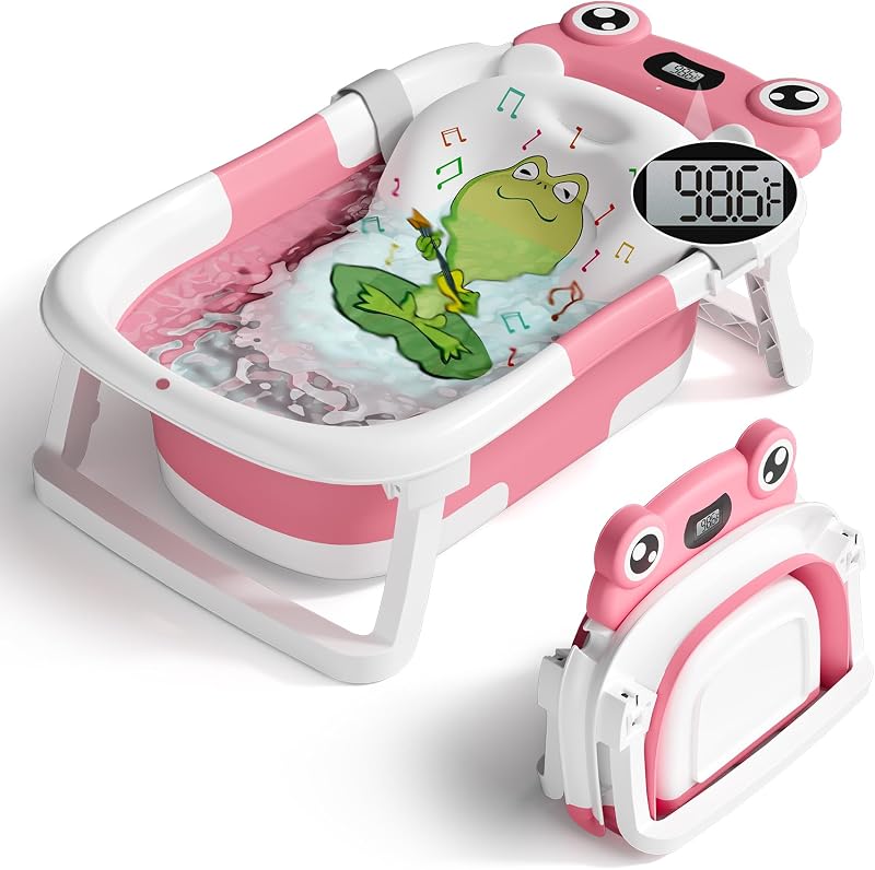 BUNWAG Bañera para bebé, bañera plegable para recién nacidos con cojín suave y termómetro, bañera de viaje para recién nacidos con pies antideslizantes, regalos de baby shower, baño para bebés de 0 a 12 meses, rosa rosa