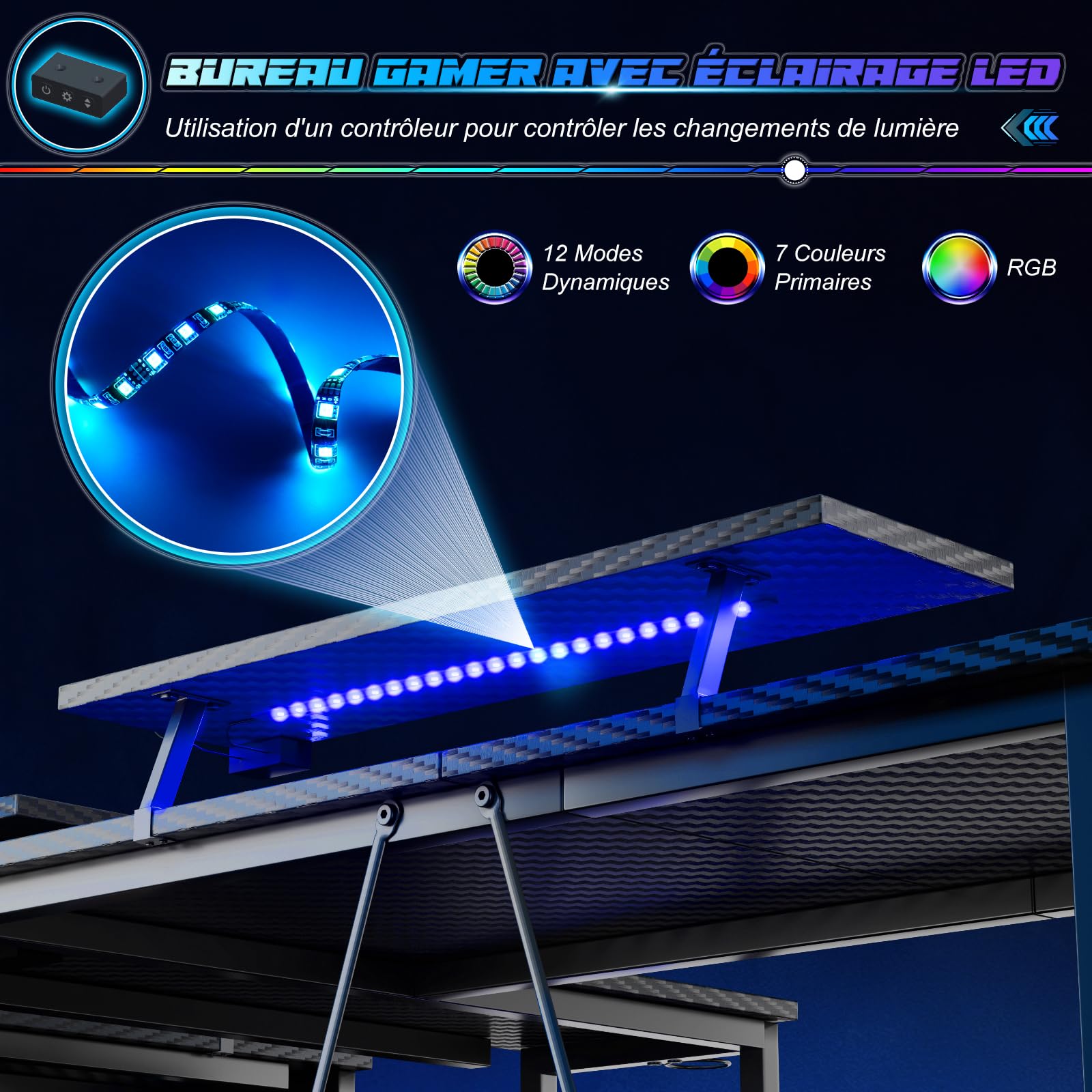 Devoko Bureau Gaming, L-Shape 120x80cm avec Double Support Écran, LED, Plateau Réglable et Fibre de Carbone Noir