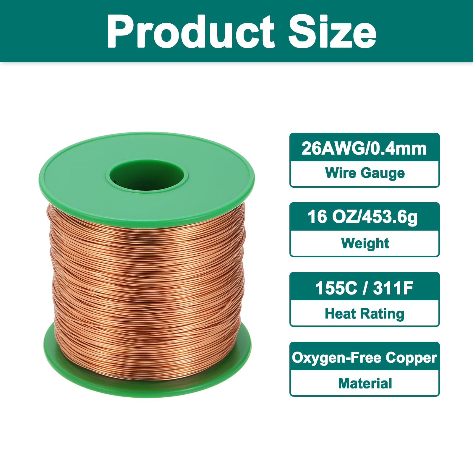 QUARKZMAN Kupferlackdraht 0.4mm, 26 AWG, isolierter bis 155°C Kupferdraht, Lackdraht für Transformatoren, Handwerk, Elektrik und DIY (453g）