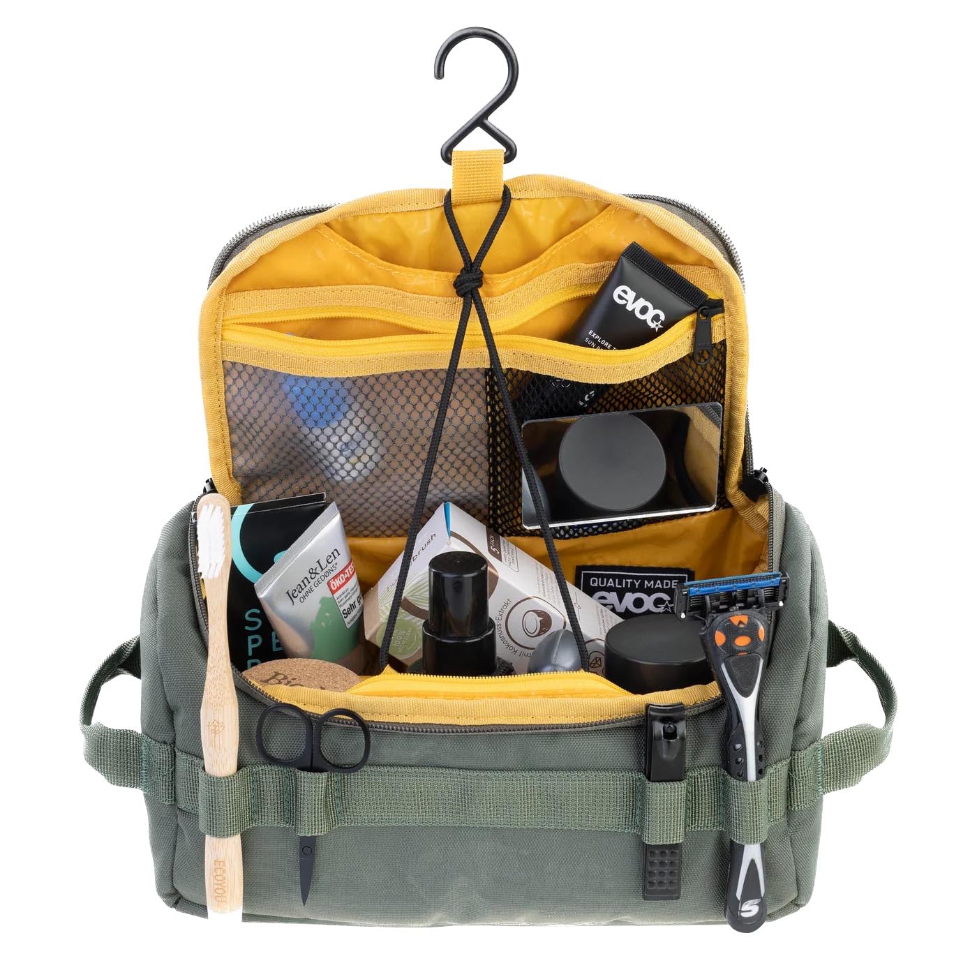 EVOC WASH BAG Torba na kosmetyki, kosmetyczka na co dzień w podróży (przegródki organizacyjne z indywidualnym podziałem przestrzeni, wyjmowane lusterko, torba na kosmetyki z zawieszką), ciemnooliwkowa