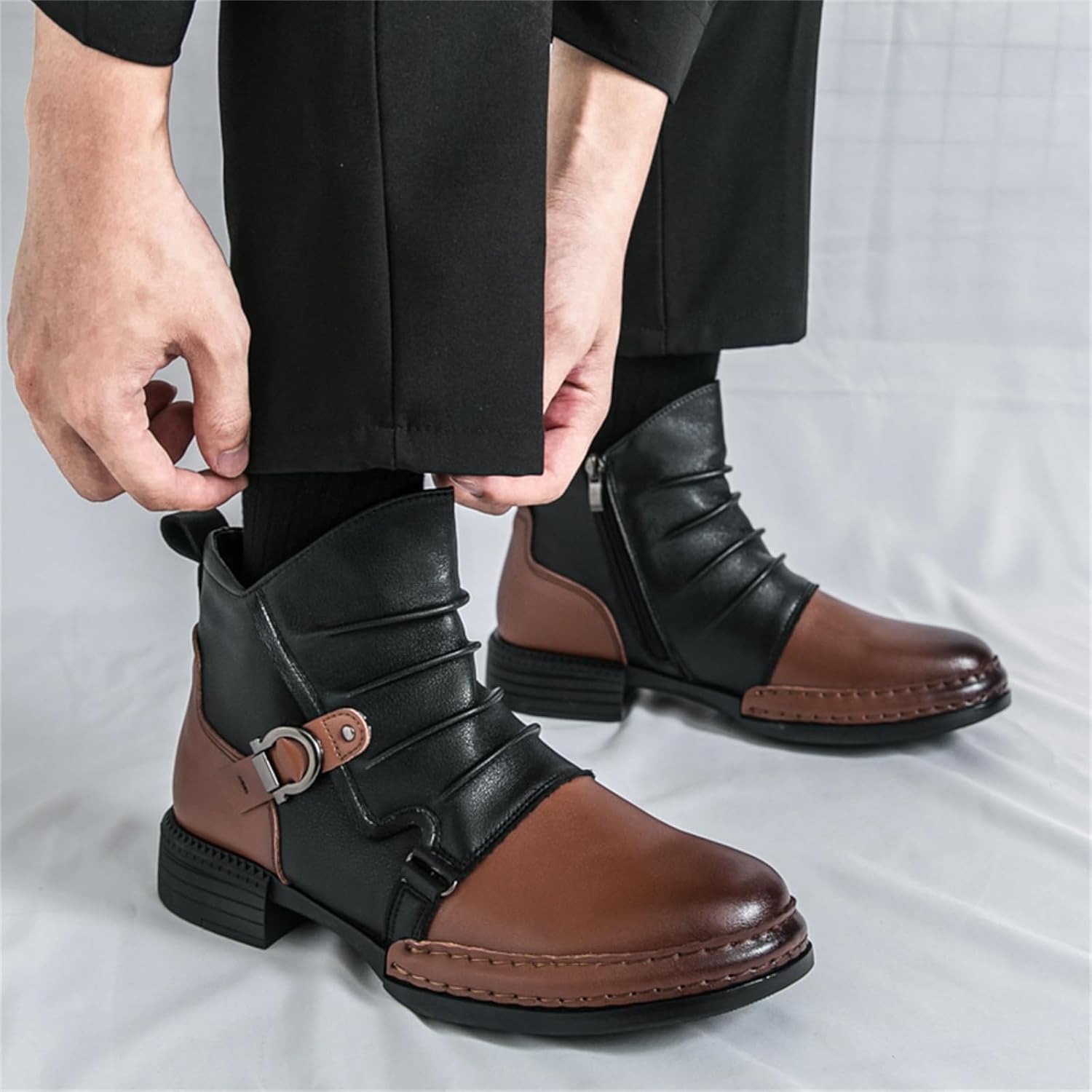 Men's Genuine Leather Slip On Low Heel Chelsea Ankle Boots with Buckle Strap Side Zip for Business Dress Office Driving Round Toe Soft Lightweight Breathable Non Slip Sole for Formal Work Daily