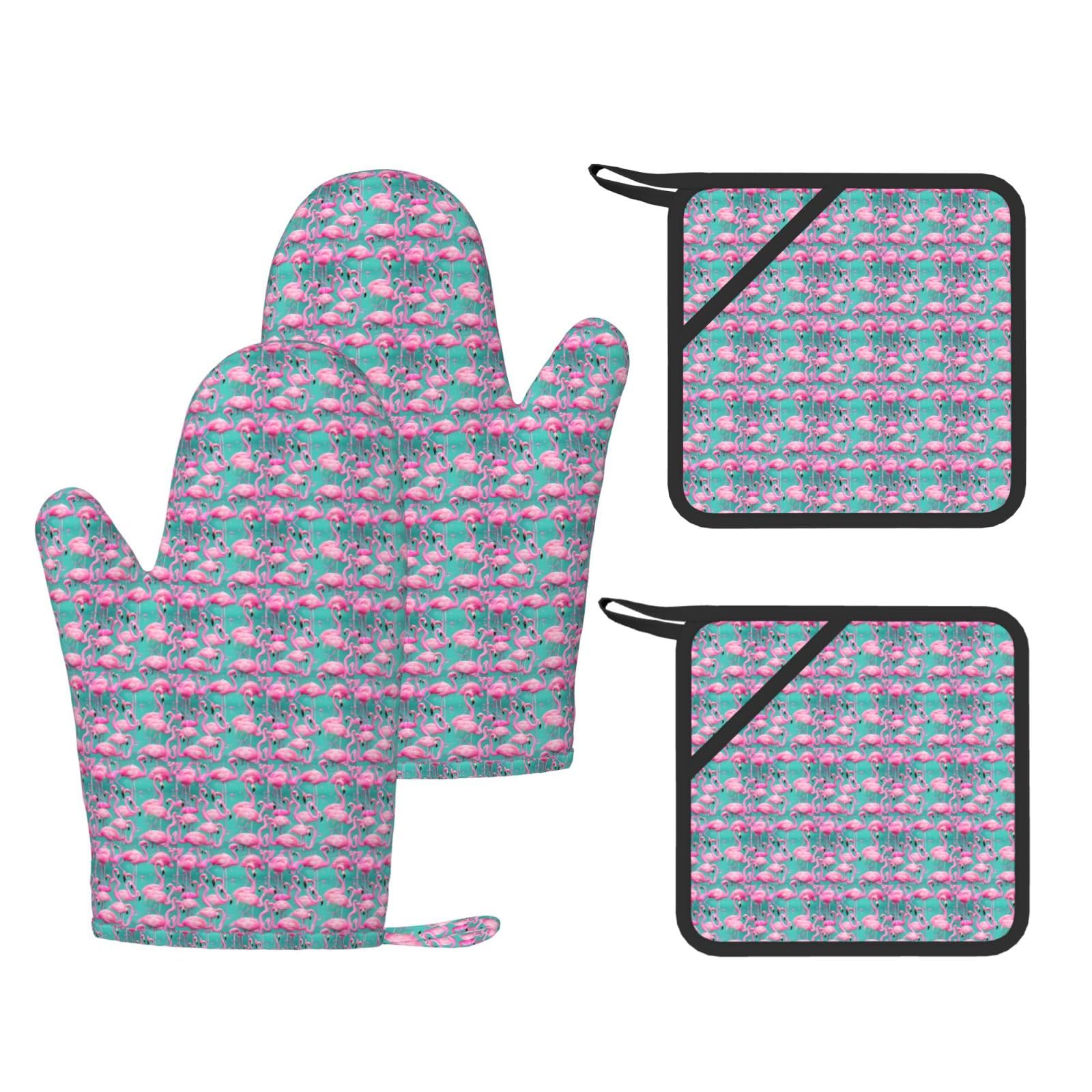 Nimongt Black Lovely Pink Flamingos Print Heat Resistant Gloves Pads Reusable Kitchen Set Oven Baking Grilling Cooking