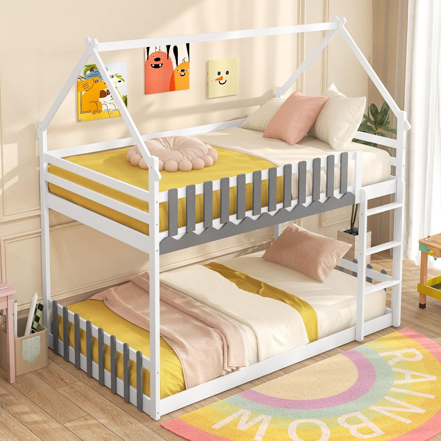 Giantex Bunk Bed Twin Over Twin, Wood House Low Bunk Bed with Ladder & Fence Safety Guardrail, Space-Saving Floor Bunk Beds for Kids, Boys, Girls, Teens, No Box Spring Needed, Twin Bunk Beds (White)