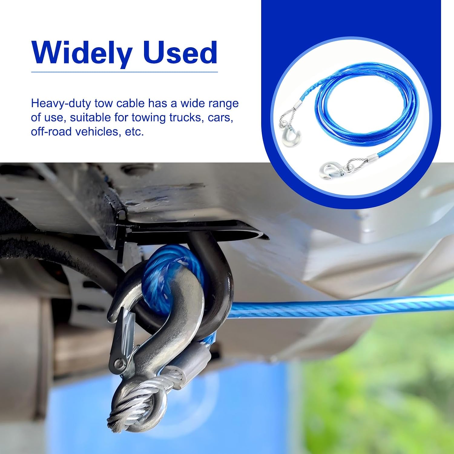 Steel Winch Cable, 3/8" x 13Ft Heavy-Duty Towing Cable with Swivel Hook & PVC Casing, Wire Winch Rope, Universal Safety Cables for Towing Truck, Wrecker, SUV, Large Off-Road Vehicle (Blue)