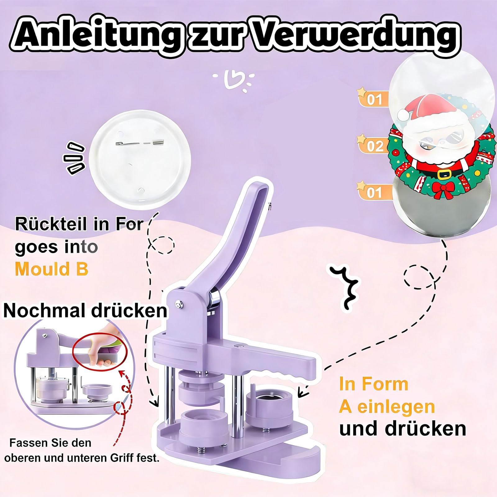 Buttonmaschine 58 mm – Manuelle Buttonpresse Set ohne Montage, inkl. 100 Zubehör & Kreisschneider, DIY Abzeichenmaschine für Basteln, Partys & Geschenke