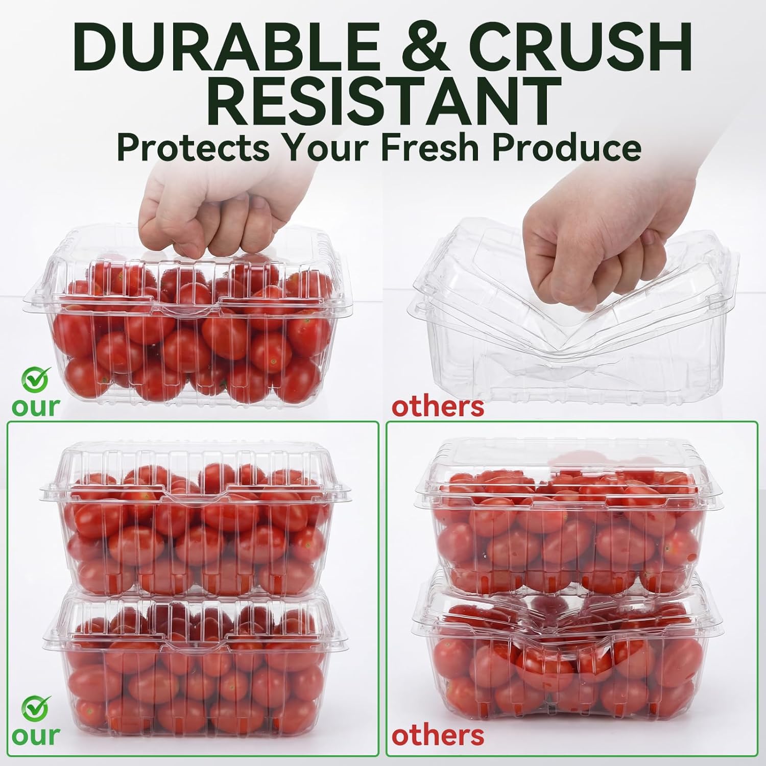 Qinyoung 100 Pack 1 Pound Clear Plastic Berry Containers with Lids Vented Clam Shell Produce Baskets for Fridge 7.1 x 4.7 x 2.4 Inch Fruit Storage Boxes for Strawberry, Grocery, Home Use