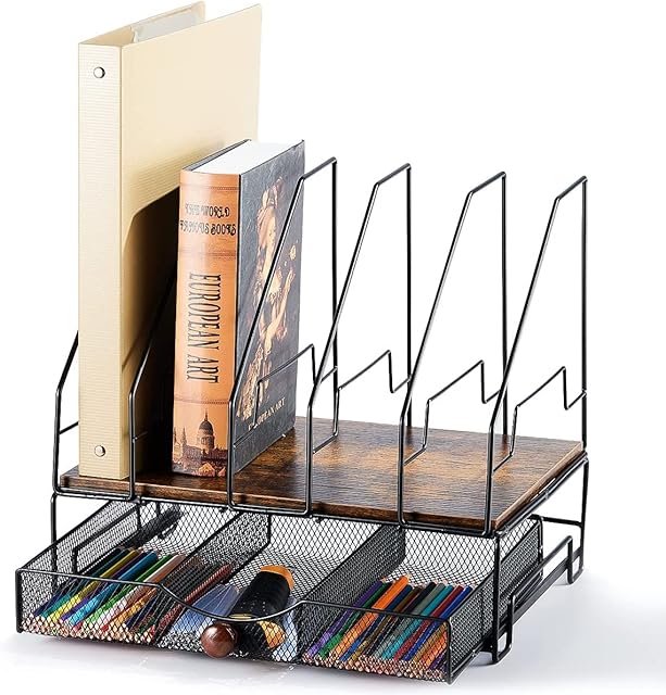 YIUTERA Desktop Document Rack Magazine A4 File Holder, Vintage Office Desk Tidy Organiser Stationary Storage for Home School Office Supplies