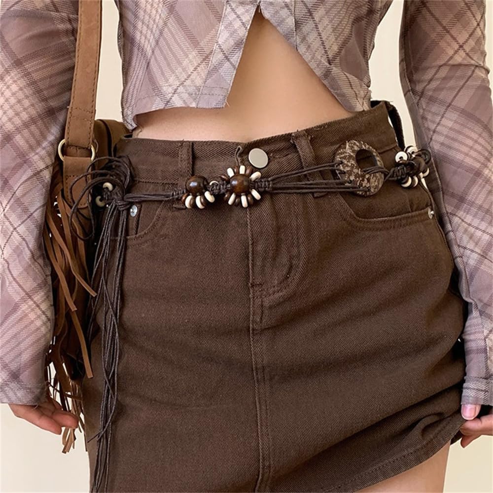 Bohemian Braided Waist Belly Chain for Women Brown Wooden Beaded Flower Body Chains Geometry Circle Woven Rope Belt Chains Jewelry for Jeans Dress Accessories - Image 3