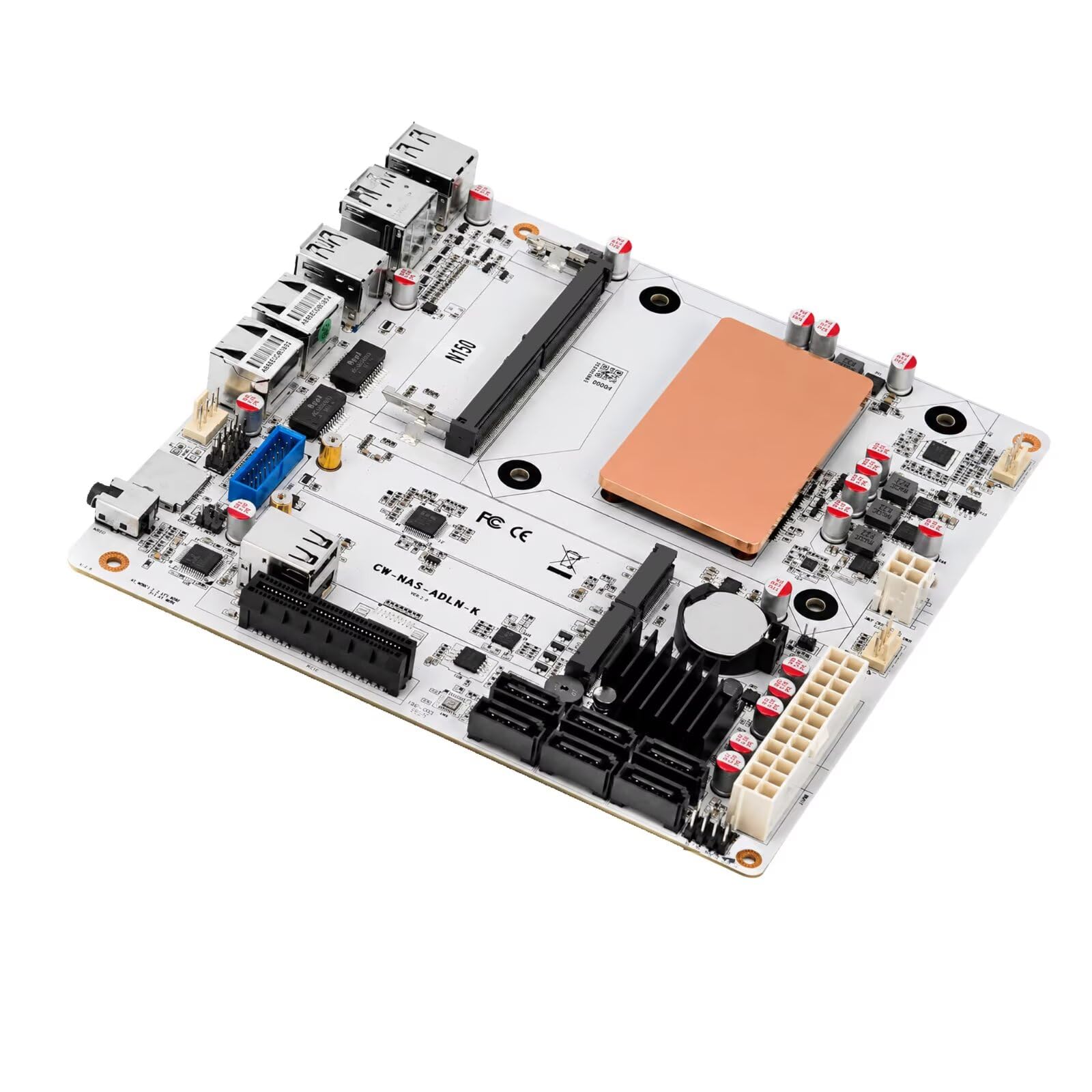 N150 NAS Motherboard Mini ITX, 2× 2.5GbE LAN, 6× SATA3.0, 2× M.2 NVMe, 4USB, TF, 1x PCIe 3.0x4, DDR5 4800MHz up to 32GB, HD+DP Dual Display, for Home Server/Firewall/Storage, 170x170mm, Barebone