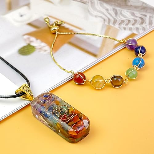 Miniatura 4 de 7 Chakra Necklace and Bracelet Set Healing stones bracelet Orgone Healing Pendant 14K Gold Wire Wrapped Crystals Bracelet for Woman  Chakra Necklace