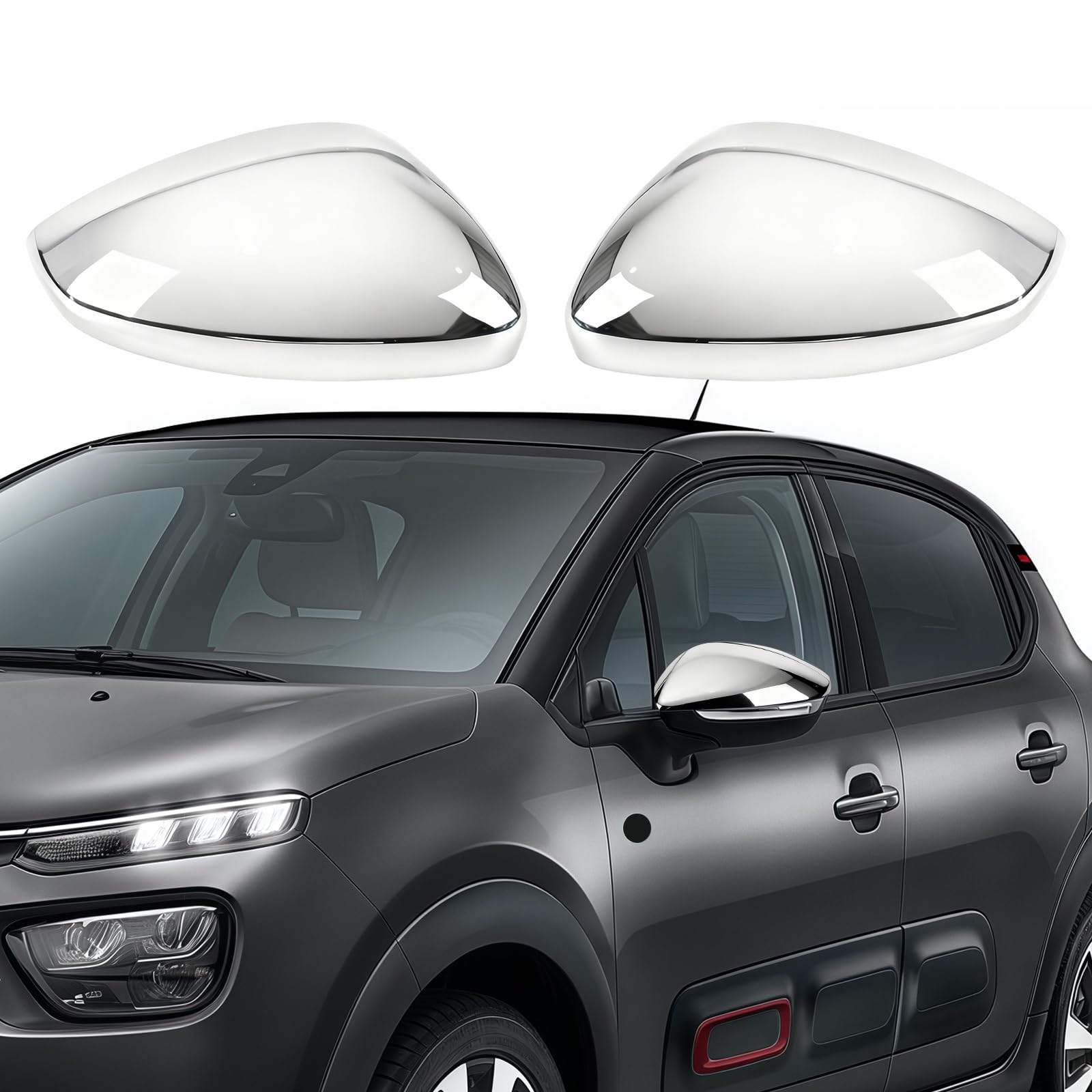 1 Pair of Mirror Covers Replacement for Citroen C3 2016-2023, Car Mirror Caps, Exterior Mirror Cap, Rear View Mirror Cap, Glossy (Silver)