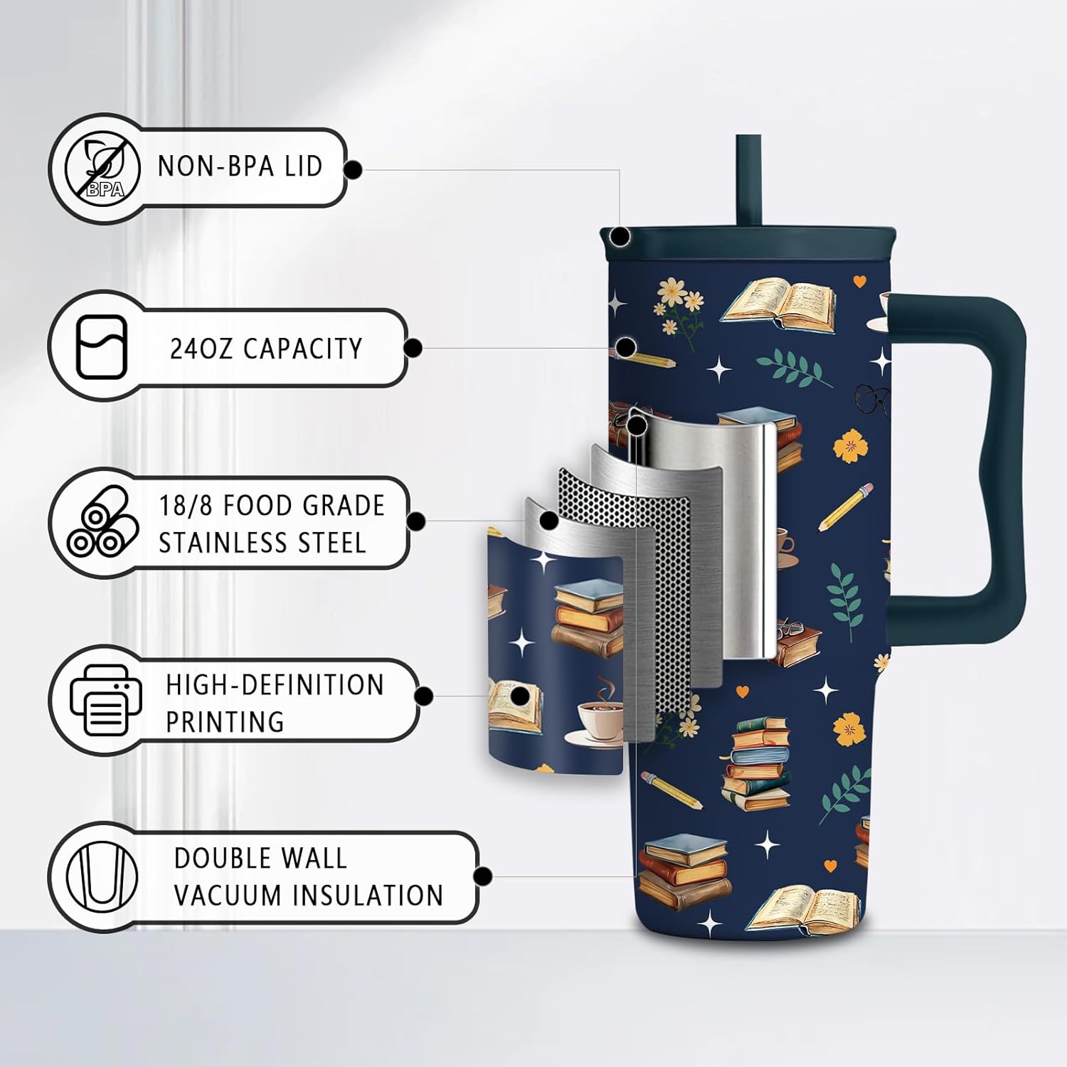 Stainless Steel Water Bottle for Women, Book Themed 24oz Stainless Steel Tumbler with Handle and Straw,Gifts for Family, Friends, Colleague